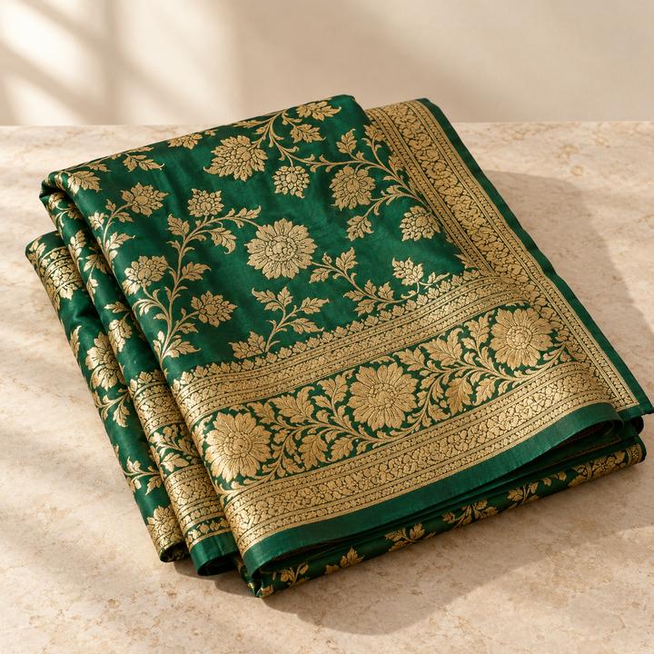 Folded green fabric with gold floral brocade and a wide gold border