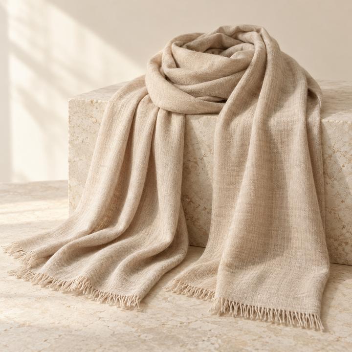 Fine beige shawl with fringed ends draped over a stone block